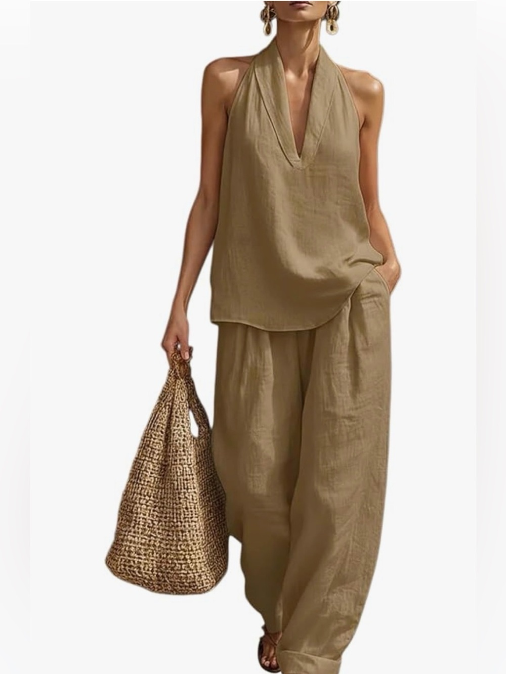 Women’s Halter Neck Wide-Leg Jumpsuit in Taupe